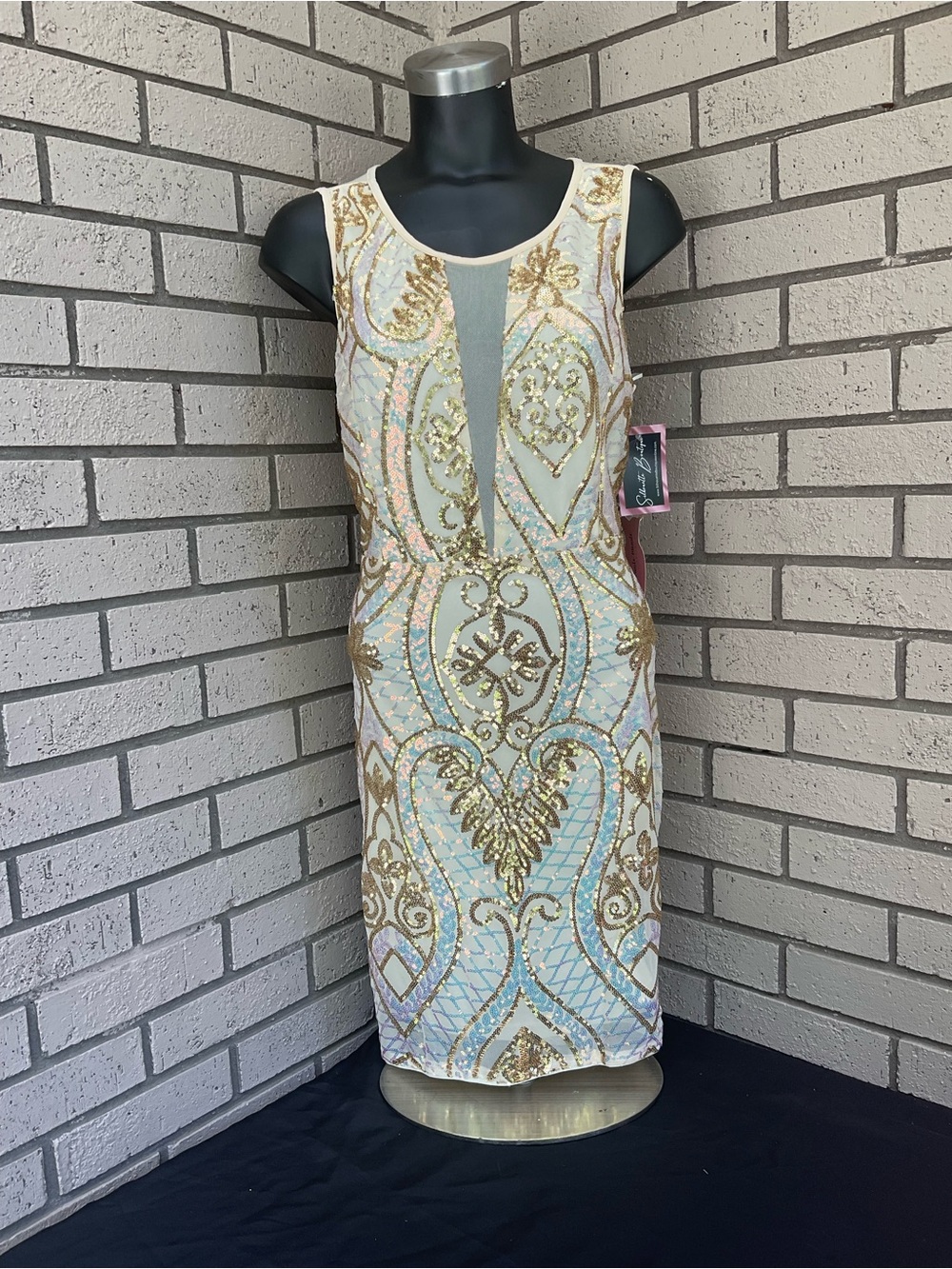 Haute Monde Ivory Midi Dress with Gold Sequin Embellishment